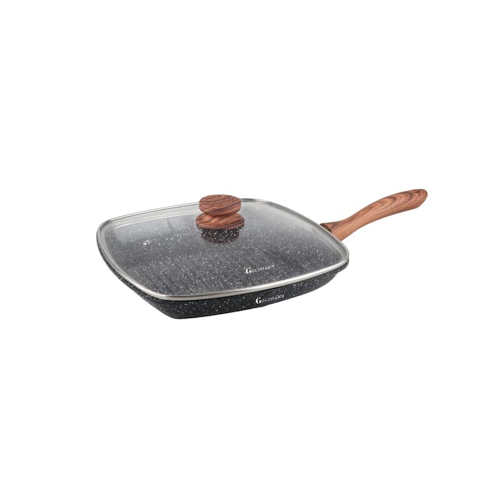 Грил тиган от лят алуминий със стъклен капак Goldmann GM0924L, 24x4.5cm, индукция