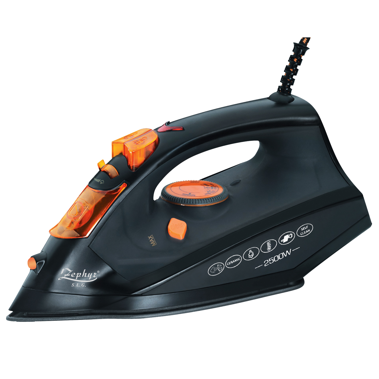 Парна ютия zephyr zp 1050 byc, 2500w, 260 мл, керамична плоча, вертикално гладене, самопочистване, черен/оранжев